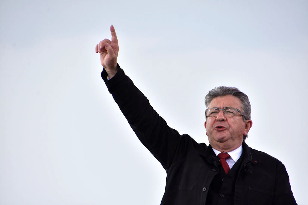 MARSEILLE, FRANCE - 2022/03/27: Jean-Luc Melenchon on stage during his political meeting. Jean-Luc MÃ©lenchon far left candidate for the presidential election of the party La France Insoumise (LFI) had a public meeting in Marseille. The first round of the French presidential election is due to take place on April 10, 2022, the second on April 24. (Photo by Gerard Bottino/SOPA Images/LightRocket via Getty Images)