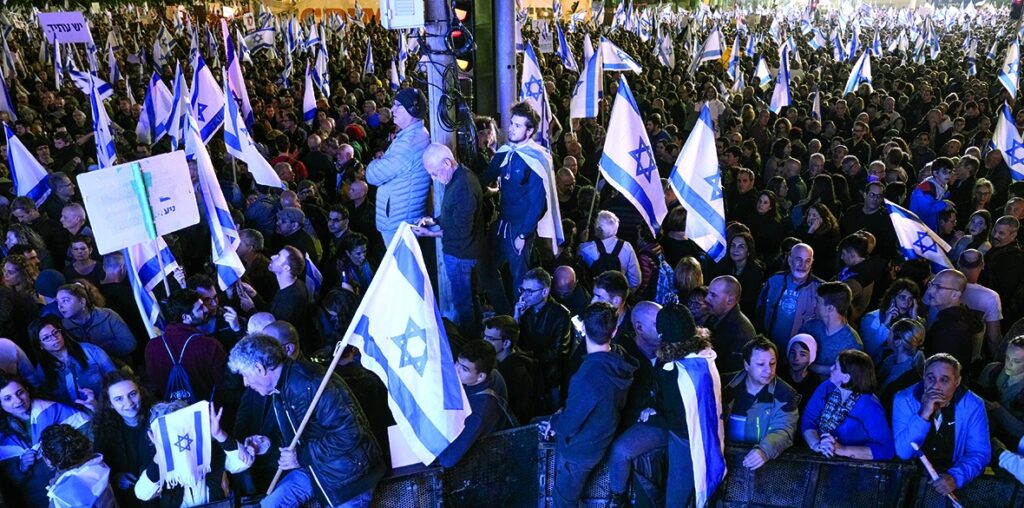 LOUD AND CLEAR: An estimated 100,000 Israelis protest, last Saturday, against the plans by the new government to overhaul the judicial system