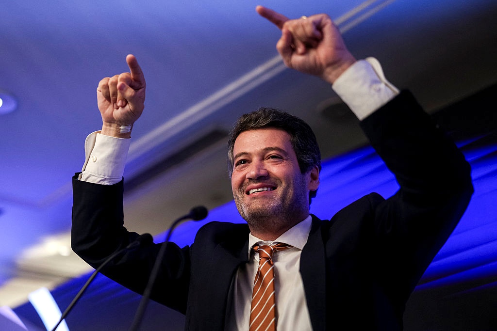 Lader of far-right party Chega Andre Ventura celebrates results during the election night at their headquarters in Lisbon early on May 19, 2025. Near complete official results showed that Portugal's incumbent centre-right party won most seats in the country's third general election in three years but again fell short of parliamentary majority while support for far-right Chega rose. (Photo by ANDRE DIAS NOBRE / AFP)