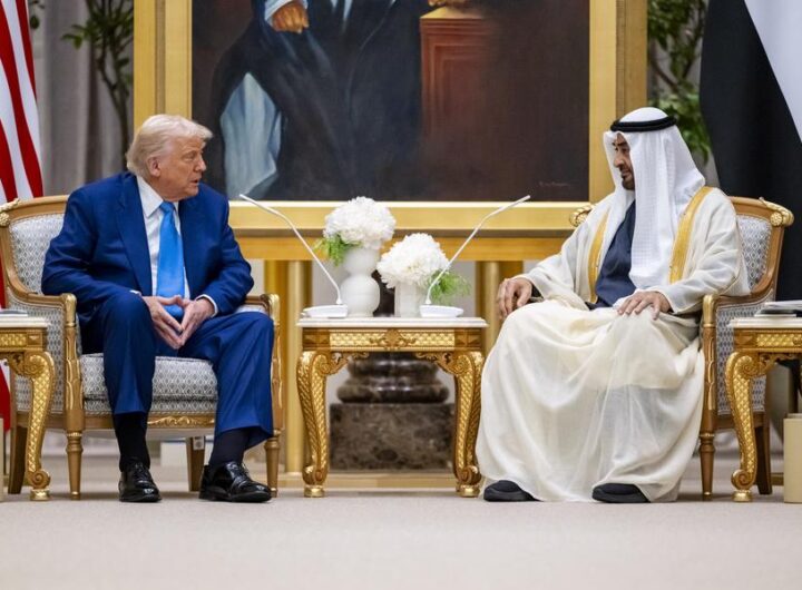 (250516) -- ABU DHABI, May 16, 2025 (Xinhua) -- President of the United Arab Emirates (UAE) Sheikh Mohamed bin Zayed Al Nahyan (R) meets with visiting U.S. President Donald Trump in Abu Dhabi, the United Arab Emirates, May 15, 2025. The United States on Thursday announced deals worth more than 200 billion U.S. dollars with the United Arab Emirates (UAE), not least those involving frontier technologies, aerospace, energy and critical minerals. (Emirates News Agency/Handout via Xinhua)
