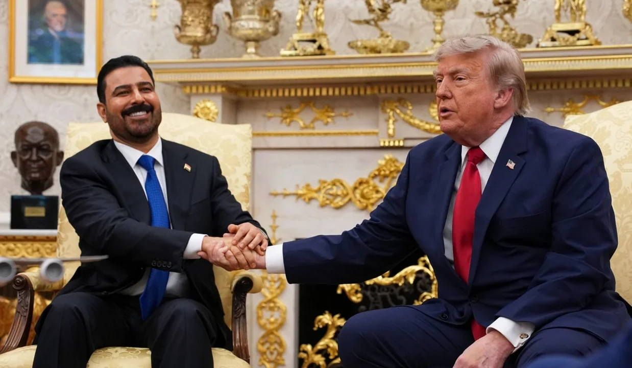 دونالد ترامپ (راست)، رئیس‌جمهور آمریکا، در دفتر بیضی کاخ سفید با علی الزیدی، نخست‌وزیر عراق، دیدار می‌کند. ۱۴ ژوئیه ۲۰۲۶ (۲۳ تیر ۱۴۰۵)
عکس از Andrew Harnik/Getty Images.
