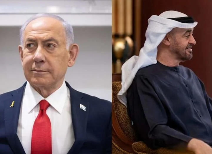 بنیامین نتانیاهو (سمت چپ)، نخست‌وزیر اسرائيل، و شیخ بن زاید آل نهیان، رئیس‌ امارات متحده عربی.