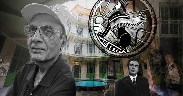 پرویز ثابتی. «کمیتهٔ مشترک خراب‌کاری» که در زمینهٔ تصویر دیده می‌شود محل بازجویی و شکنجهٔ مخالفان رژیم پهلوی بود.
(تصویر افزودهٔ اندیشهٔ نو و بر گرفته از وبگاه ایران وایر است.)